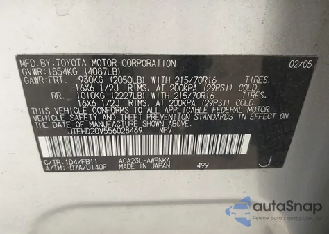 2005 Toyota Rav4 z USA, uszkodzony, nr VIN JTEHD20V556028469